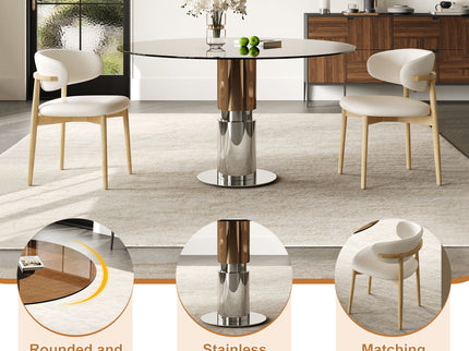 Round Dining Table & Tempered Glass Top - Brown
