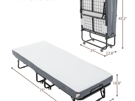 Foldable Metal Frame Bed For Guest With Memory Foam Mattress On Wheels, Saving Space Rollaway Bed
