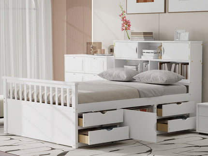 Captain Platform Bed Frame With Bookcase Headboard, 4 Drawers, Storage Shelves