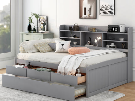 Captain Bed With Built In Bookshelves, 3 Storage Drawers, And Trundle