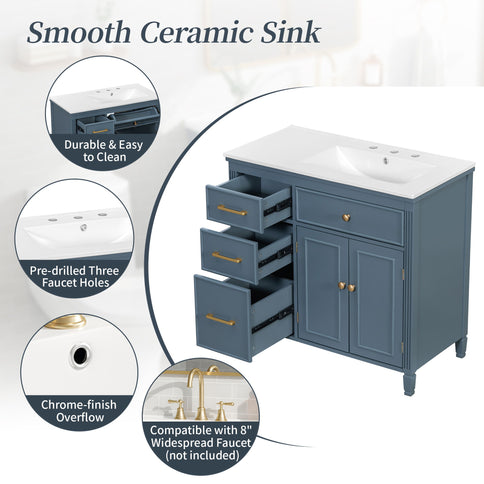 Modern Bathroom Vanity With Ceramic Sink, Freestanding, One Tip Out Drawer, 3 Side Drawers, Adjustable Shelf