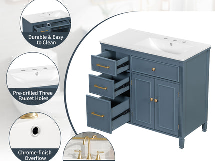 Bathroom Vanity With Sink, 1 Tip Out Drawer, 3 Side Drawers, Adjustable Shelf
