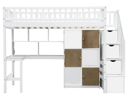 Loft Bed With Built In L Shaped Desk, LED Lights, Storage Shelves, Cabinets, And Staircase