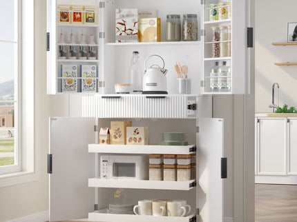 Fluted Kitchen Pantry Cabinet With 3 Keyboard Drawers & 6 Adjustable Door Shelves
