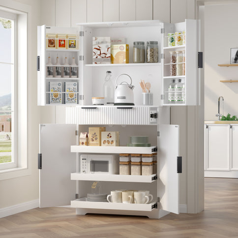 Fluted Kitchen Pantry Cabinet With 3 Keyboard Drawers & 6 Adjustable Door Shelves