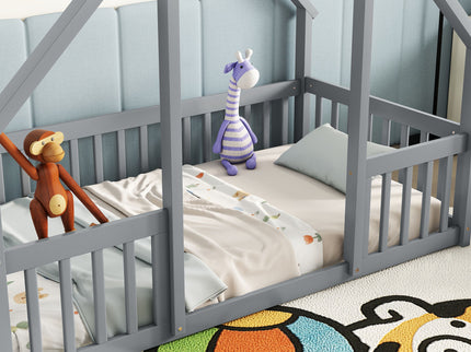 Wood House-Shaped Floor Bed With Fence, Guardrails
