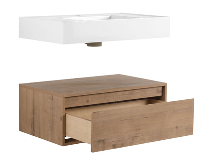 Modern Wall Mounted 30 Inch Bathroom Vanity With Resin Sink And 2 Side Cabinet In Imitative - Imitative Oak