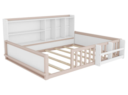 Platform Bed Frame With Guardrail, Storage Shelves & Bookshelf