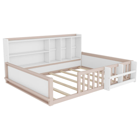 Platform Bed Frame With Guardrail, Storage Shelves & Bookshelf