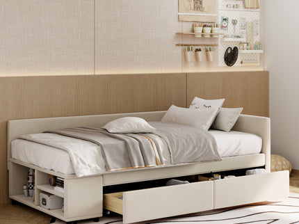 L Shaped Upholstered Platform Bed With Storage And Drawers
