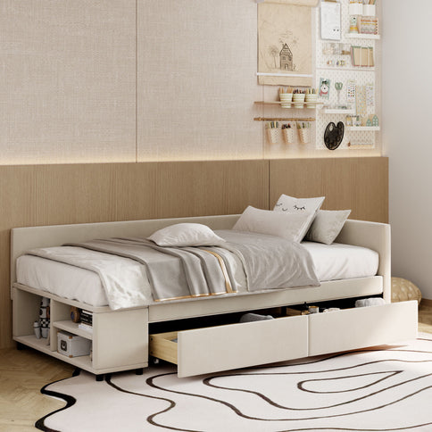 L Shaped Upholstered Platform Bed With Storage And Drawers