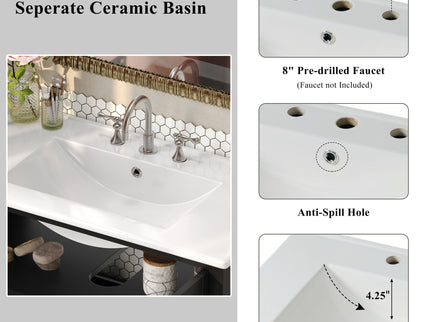 Bathroom Vanity With Ceramic Sink, Adjustable & Open Shelf