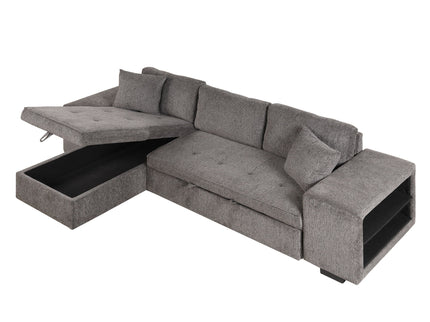 Modern L-Shape 3 Seat Reversible Sectional Couch, Pull Out Sleeper Sofa With Storage Chaise And 2 Stools For Living Room Furniture Set
