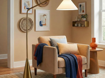Lisbon - Floor Lamp With On / Off Switch Coned Base Hanging Shade - Antique Brass / White