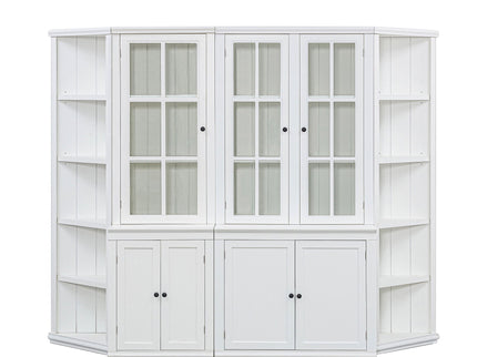 Retro Style Wall Suit With Glass Doors, 75.25" Tall Display Cabinets & Triangle Sided Bookshelves - White