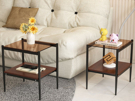 Modern Rectangle End Table (Set of 2) With Tempered Glass Tabletop And Layer - Brown
