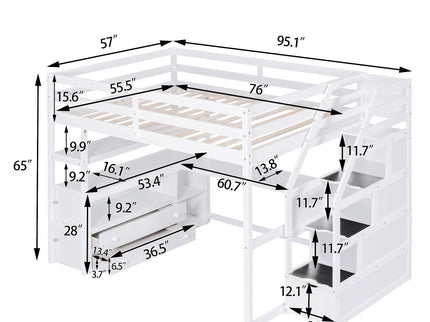 Loft Bed With Desk, Shelves, 2 Drawers, Storage Staircase