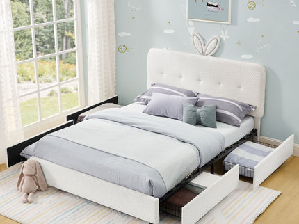 Upholstered Bed With Oversized Rabbit Ear Headboard, LED Lights & 4 Storage Drawers