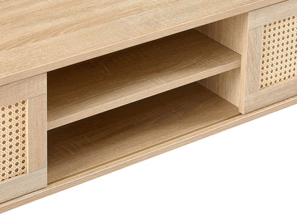 55.12" Rattan TV Cabinet, Double Sliding Doors For Storage, Adjustable Shelf, Solid Wood Legs, TV Console For Living Room