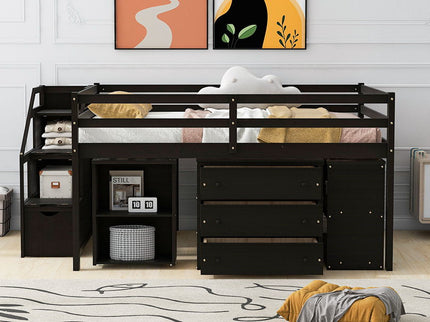 Loft Bed With Retractable Writing Desk And 3 Drawers With Storage Stairs And Shelves