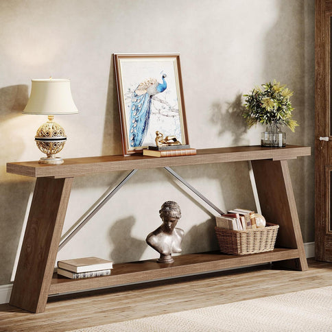 Console Table Extra Long Sofa Table With 2 Tier Shelves For Living Room