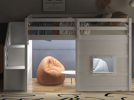 Loft Bed With Storage Staircase, Window & LED Light