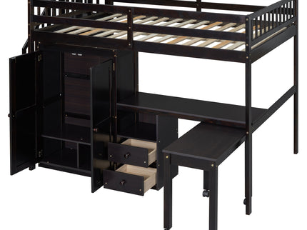 Loft Bed With Stairs, Bookshelf, Drawers, Desk & Wardrobe, Space Saving Multifunctional Furniture