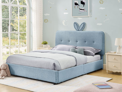 Upholstered Bed With Oversized Rabbit Ear Headboard, LED Lights & 4 Storage Drawers
