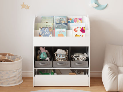 Bookshelf With Storage Bins And Drawer, Multi Functional Book Organizer For Toddlers - White