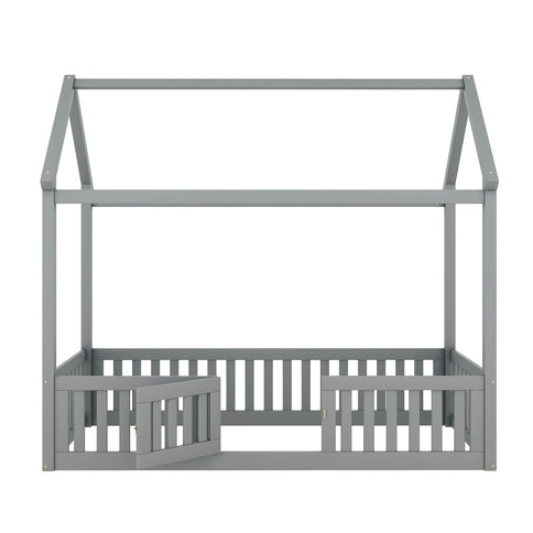 Wood House Bed With Fence And Door