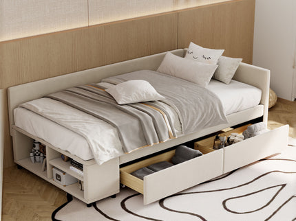 L Shaped Upholstered Platform Bed With Storage And Drawers