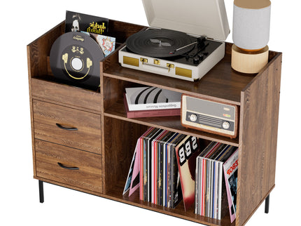 Eco-Friendly Vinyl Record Player Stand With Flip-Top Storage, Media Console With Dual Outlets And Dustproof Drawers