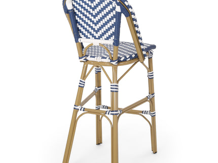 Outdoor Rattan French Barstool Set,, Bamboo, Seat Height - Navy Blue / White