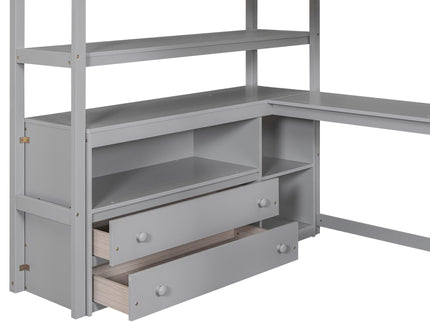 Loft Bed With Desk, Shelves, 2 Drawers, Storage Staircase