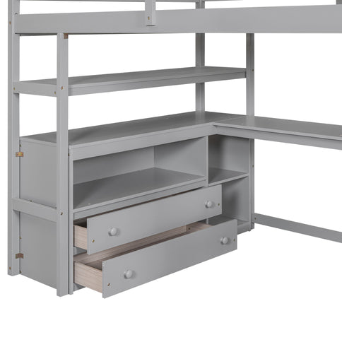 Loft Bed With Desk, Shelves, 2 Drawers, Storage Staircase