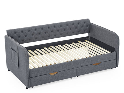 Daybed With Trundle And Storage Drawers, Flat Arms With Pocket