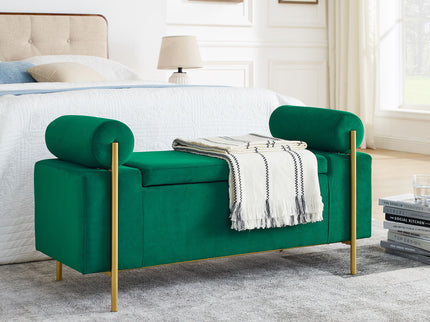 Elegant Upholstered Storage Bench With Cylindrical Arms And Iron Legs,