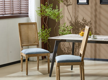 French Country Dining Chair With Rectangular Cane Backrest And Smooth Upholstered Seating
