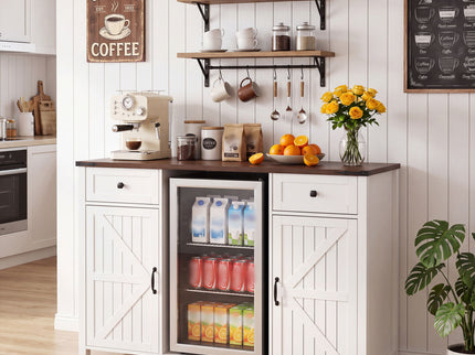 Coffee Bar With Mini Fridge Space & Built In Charging Station, Large Bar Cabinet With Drawers & Adjustable Shelves For Kitchen - White