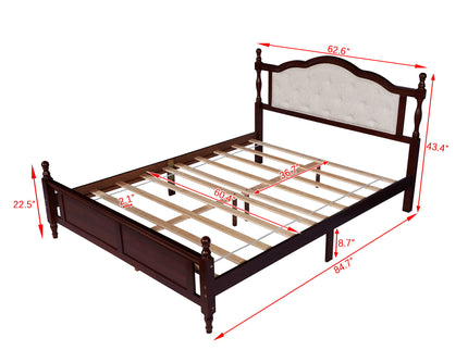 Pine Wooden Bed With Upholstered Headboard And Panel Footboard, With Two Bed Rail Support Feet And Central Platform Support Feet