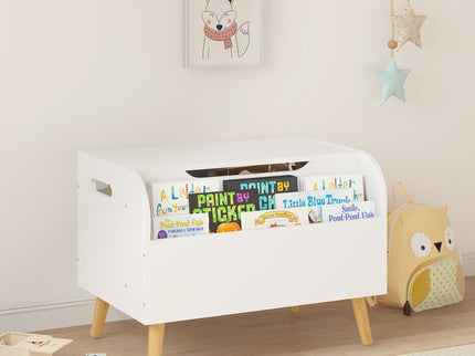 Toy Box With Front Bookshelf, Flip Top Lid, Safety Hinge For Kids Room Organization - White
