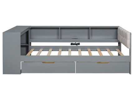 Upholstered Headboard Platform Bed With Storage Shelves, Drawers, Charging Station