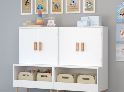 Toy Storage Cabinet With Doors And Open Shelf, Toddler Bookshelf For Playroom - White