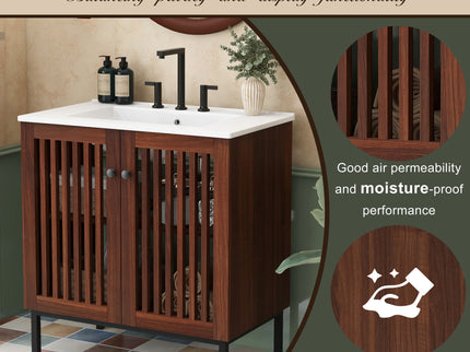 30" Vintage Bathroom Vanity With Ceramic Sink, Modern Bathroom Vanity Cabinet With 2 Soft Close Doors, Equpiied With 4 Sturdy Iron Legs - Antique Dark Brown