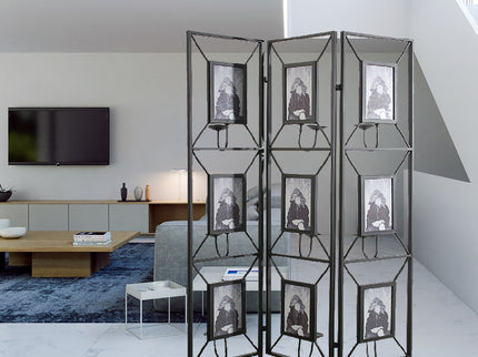Room Photo Frames Screen Divider Screens, 3 Panel Decorative Screen With Photo Frames, Antique Mirror, Candle Stick - Black