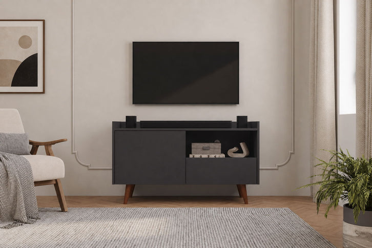TV Stand For TVs Up To 45" With Open Storage Shelf, Cable Management, 1 Door And 1 Drawer