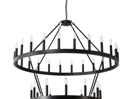 2 Tiers Wagon Wheel Chandelier Wooden Farmhouse 36 Light (24 / 12) Or (12 / 24) Metal Chandeliers 2 Story Light Fixtures Industrial For High Ceiling Living Dining Room Foyer, Adjustable Height - Black