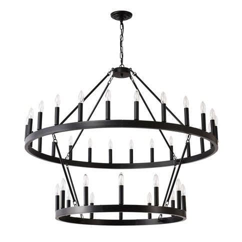 2 Tiers Wagon Wheel Chandelier Wooden Farmhouse 36 Light (24 / 12) Or (12 / 24) Metal Chandeliers 2 Story Light Fixtures Industrial For High Ceiling Living Dining Room Foyer, Adjustable Height - Black