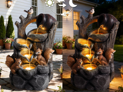 Outdoor Squirrel, Tiered Waterfall Fountain With LED Light For Patio - Gray