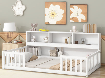 Floor Bed With Bedside Bookcase, Shelves, Guardrails